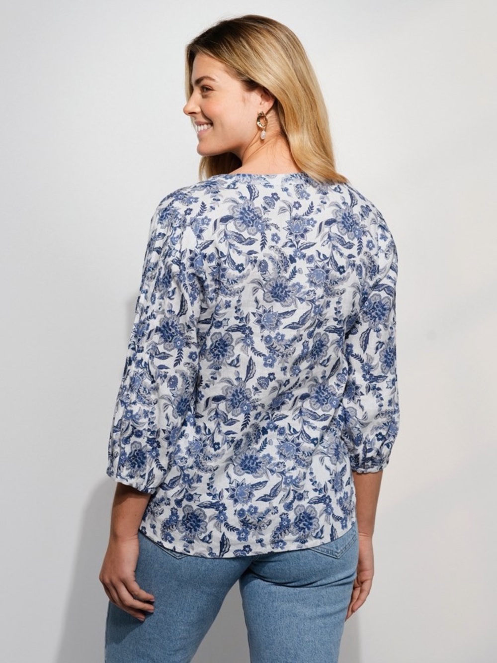 Blue & White Floral Print Women's Top